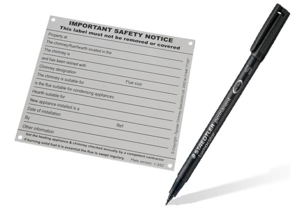 Single Chimney Notice Plate plus Marker Pen - The Topstak metal Chimney Notice Plate shown measures 110mm x 110mm and is made from aluminium with an anodised finish. The relevant details can be written onto the plate with the Aerospace felt tip marker pen provided.