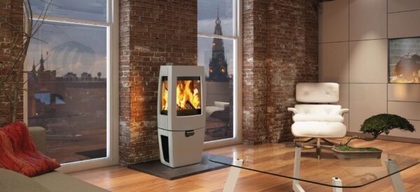 Dovre Sense 203 - With a compact body and subtle curving details, the Sense 203 wood burner is a sensational new addition to the growing collection of Dovre?s contemporary cast iron stoves. Mounted on an integral log box, this highly efficient wood burning stove also features stunning glass side panels to emphasise the exceptional swirling flames produced by Dovre?s very latest?<a href="https://dovre.co.uk/labels/cleanburn/">Cleanburn </a>system.