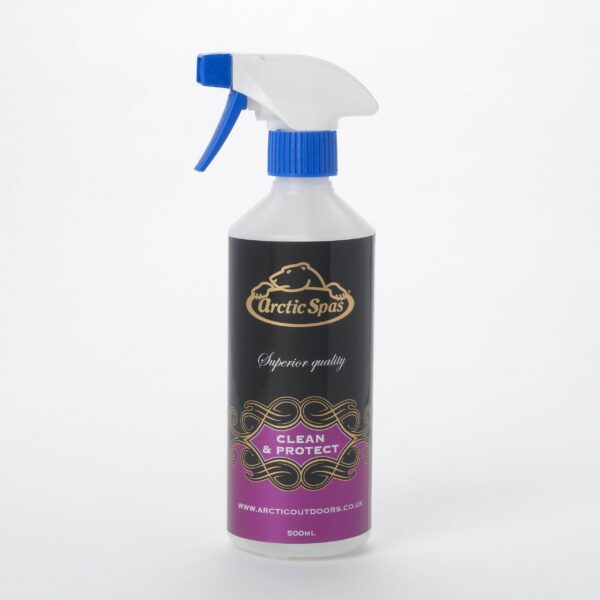 Clean & Protect Hot Tub Cover Cleaner - Clean & Protect Cleaner & conditioner Protects acrylic, vinyl & rubber Convenient trigger spray – Arctic Spas Clean & Protect is a silicone based cleaner and conditioner that cleans, shines and protects acrylic, vinyl and rubber surfaces. The product polishes and protects surfaces from UV, moisture and harsh chemical degradation. Clean & Protect is ideal for spa covers and acrylic surfaces.