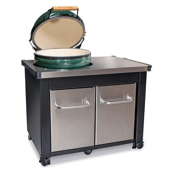 Large Big Green Egg With Stainless Steel Table - Made of durable stainless steel, the stylish work top, which is exclusive to Topstak, gives you the space you need to prepare food right at the grill. Sturdy doors and handles, also made of stainless steel provide ample storage for grilling necessities. The convenient pull-out tray is perfect for storing bags of charcoal or wood chips and chunks.The heavy-duty steel cabinet and base is finished with a premium powder coat epoxy paint for long lasting durability. <strong>Please Note: Table arrives flat packed - assembly required </strong> For Nationwide (UK Mainland) orders please call us on 01446 771567 to order.  