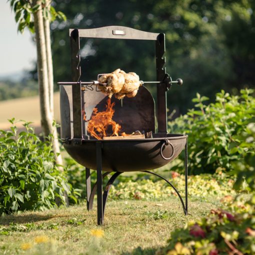 PP-Plain-Jane-Fire-Pit-with-Wind-Shield-and-Chicken-on-Rotisserie-Lit-Lifestyle