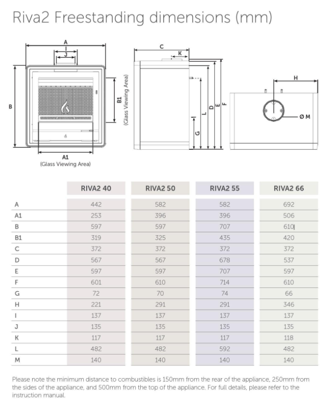 Stovax Riva 2 Freestanding Dimensions
